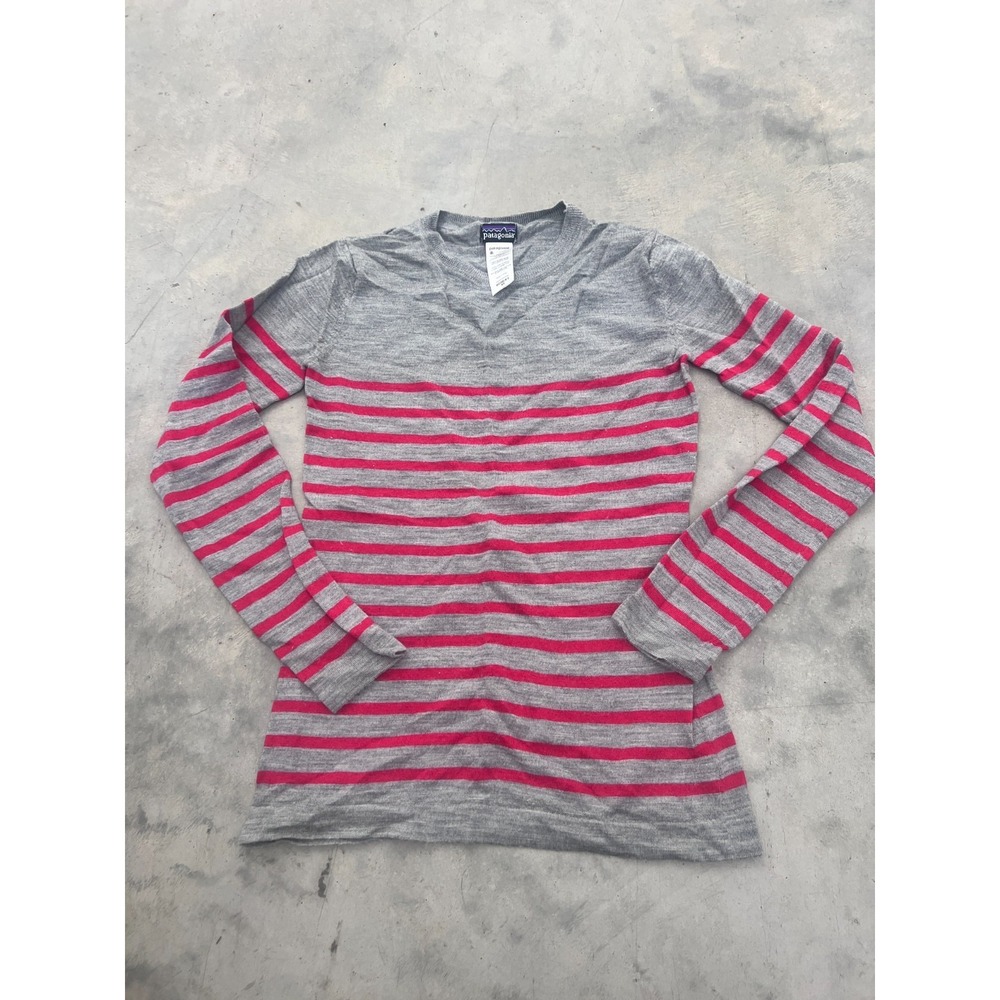 Patagonia Sweater Womens XS‎ Heather Gray Pink Striped 100% Merino Wool Pullover